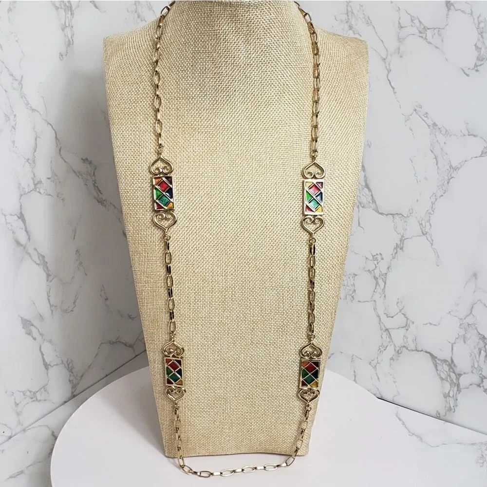 VINTAGE ROLAND Long Goldtone Enameled Necklace